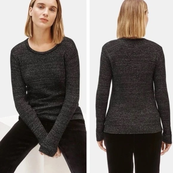 Eileen Fisher Black Merino Wool Sparkle Crew Neck Sweater, Size L - Picture 1 of 7
